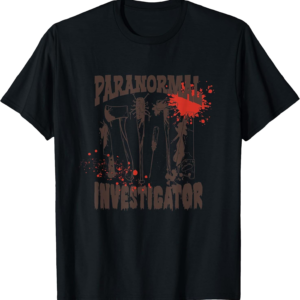 Black Paranormal Investigator ghost hunting T-shirt with distressed graphic artwork.