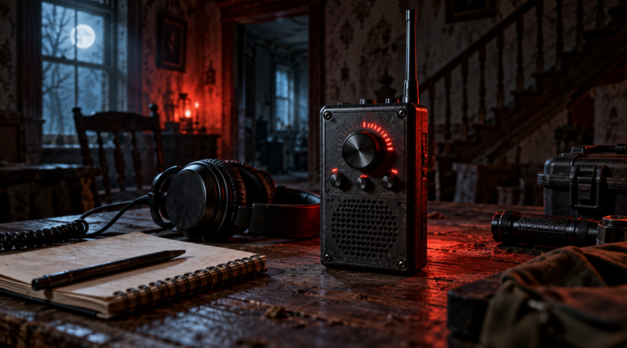Illustration of a spirit box on an investigation table with headphones and a field notebook