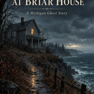 The Last Light at Briar House ebook cover showing a Michigan lakeside house with one glowing upstairs window