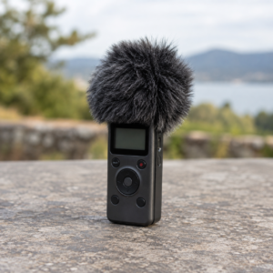 AI-generated illustration of a furry windscreen on a generic handheld audio recorder outdoors