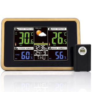 XSAPT wireless weather station in black with color display and remote sensor