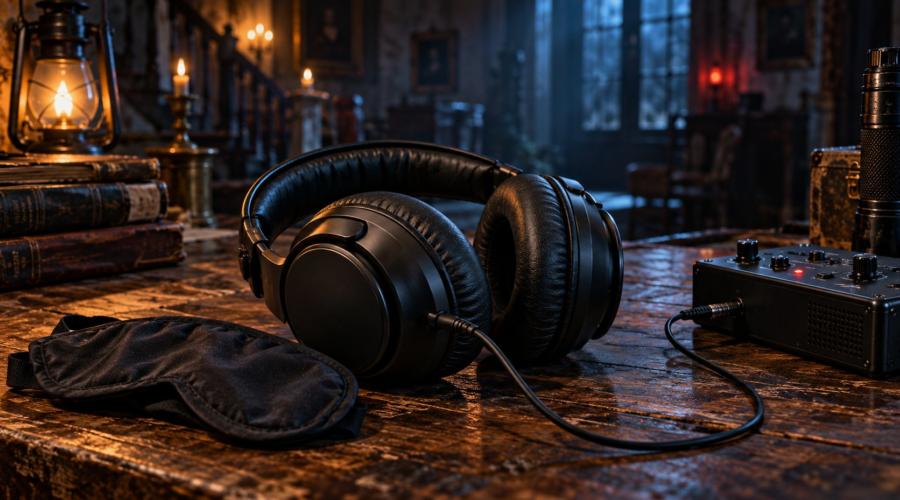 Black over-ear headphones, an eye mask and a spirit box on an investigation table