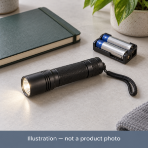 AI illustration of a generic flashlight beside a notebook and spare batteries; not a photograph of the Fenix E12 V3.0 or its bundle.