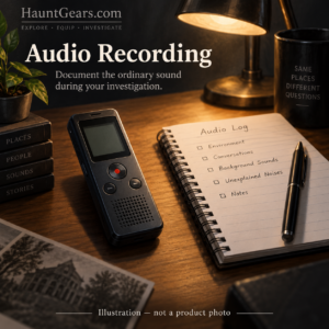 AI illustration of a generic voice recorder beside an audio log; not a photo of the OM SYSTEM WS-882.