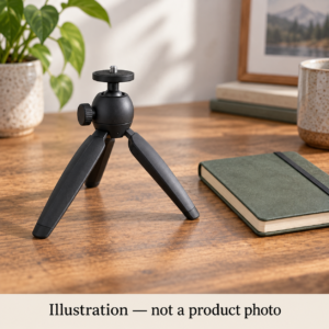 AI illustration of a generic tabletop tripod beside a notebook; not a product photograph of the Manfrotto PIXI.
