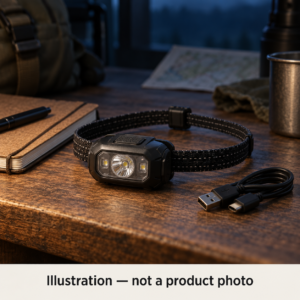 AI illustration of a generic headlamp beside a notebook and charging cable; not a photo of the NITECORE NU25 MCT UL.
