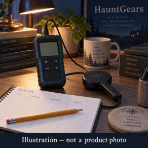 AI illustration of a generic meter with a wired sensor beside a field log; not a photo of the Extech 480826.