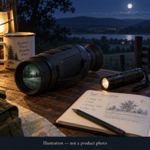 AI illustration of a generic night vision monocular beside a flashlight and field notebook; not a photo of the Nightfox Prowl 2.