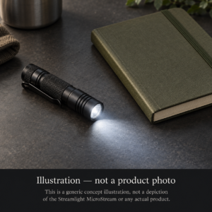 AI-created illustration of a generic pocket flashlight beside a notebook; not a product photograph of the Streamlight MicroStream USB.