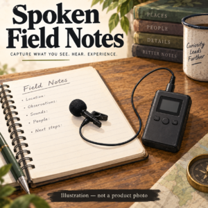 AI illustration of a generic wired lavalier microphone and pocket recorder beside field notes; not a photo of the TASCAM DR-10L Pro.