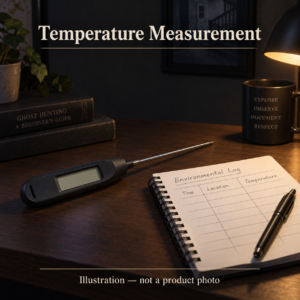 AI illustration of a generic probe thermometer beside an environmental log; not a photo of the Klein ET05.