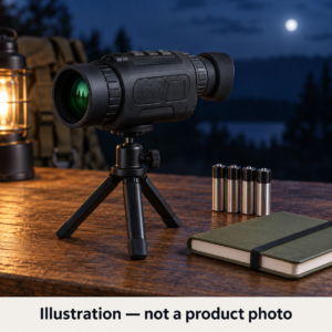 AI illustration of a generic night vision monocular on a tripod beside four batteries and a field notebook; not a photo of the Bushnell Equinox Z2.